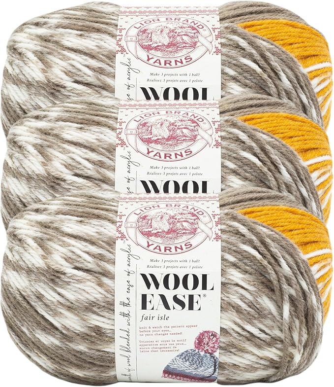 Lion Brand Yarn Wool Ease Fair Isle, Yarn for Knitting, Golden/Taupe, 3 Pack