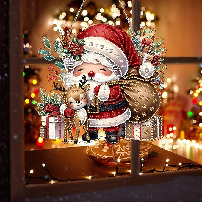 JJFox Diamond Art Hanging Kit for Adult,Special Shaped Rhinestone,DIY Acrylic Diamond Art Painting Window Pendants Home Garden Wall Hanging Kits Hanging Ornament,Double Sided (Father Christmas)