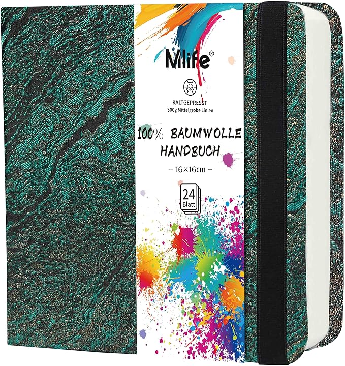 Mlife Square Watercolor Sketchbook,100% Cotton,300gsm/140lb,Acid-Free,Watercolor Journal for Artists Adults Students,6.5 * 6.5 Inch(Green Wave)