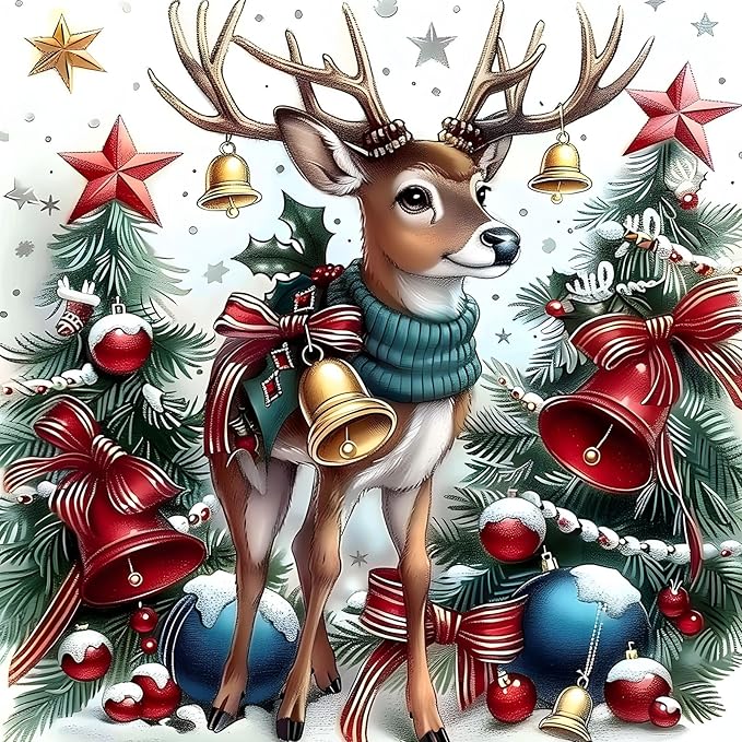 EMIEAUFG Christmas Diamond Art Kits for Adults, Christmas Deer Diamond Paiting Kit for Beginners, 5D DIY Round Full Drill Craft Diamond Dot Gem Art, Home Wall Decor 12" x 12"