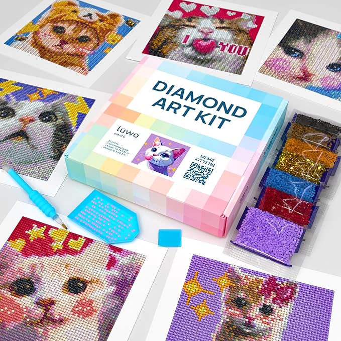 LuwoArte 6 Pack Diamond Painting Kits for Adults – Featuring Meme Kittens and Cute Cats – Full Drill DIY Paint Gem Art for Adults – Brilliant 5D Diamond Painting Kit–Relaxing Craft for Home Wall Décor