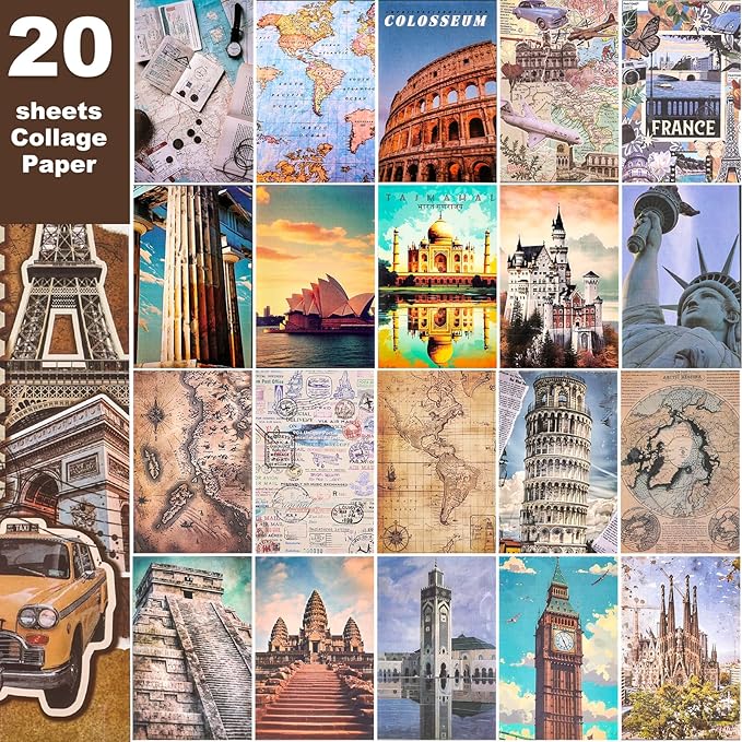 Scrapbook Stickers - 300 Pre-Cut Washi Stickers & 20 Scrapbook Papers for Travel Journaling