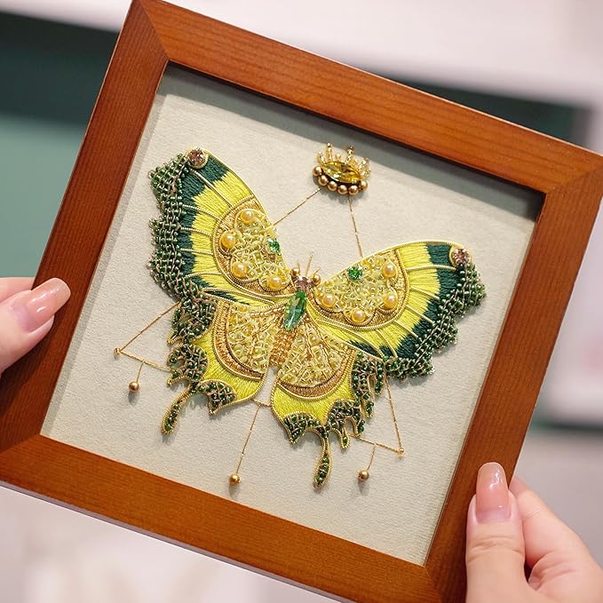 Craftreasure Embroidery Kit for Adults, Butterfly Embroidery Kit for Beginners Include Embroidery Beads Threads for Craft Lover Hand Stitch with Embroidery Skill Technique (Green - Easy)