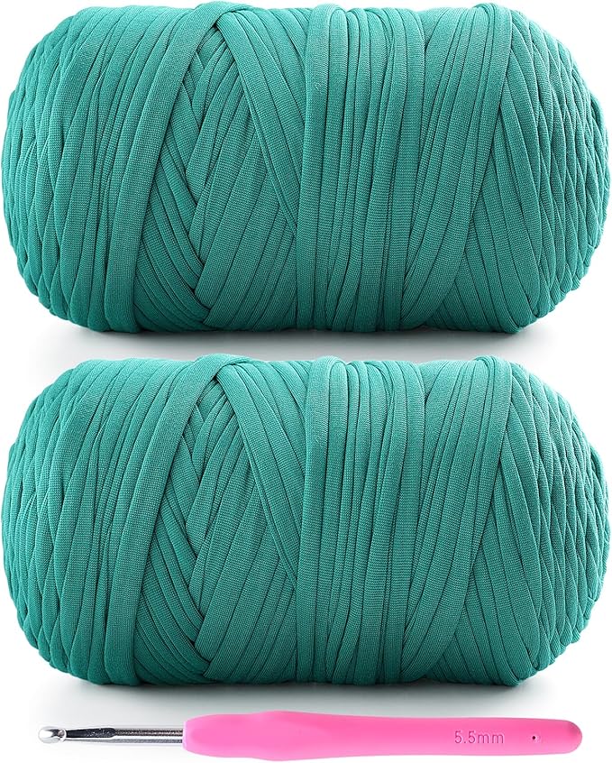 2 Pack Tshirt Yarn for Crochet - 800 g/260 yds T Shirt Yarn for Crocheting Bags/Baskets/Home Decor - Soft Elastic Fabric T-Shirt Yarn with 1 Crochet Hook (2, Hole Green)