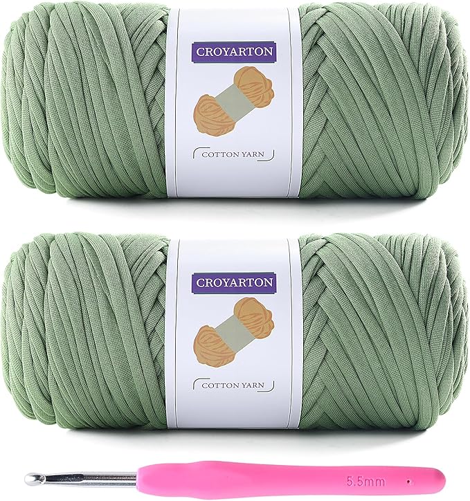 2 Pack T Shirt Yarn for Crocheting with 1 Crochet Hook, Elastic Tshirt Yarn for Crochet Bag/Baskets/Home Decor, Spaghetti Yarn Thick Knitting Yarn Total Length 130 Yds, Weight 14 Oz (Avocado Green)
