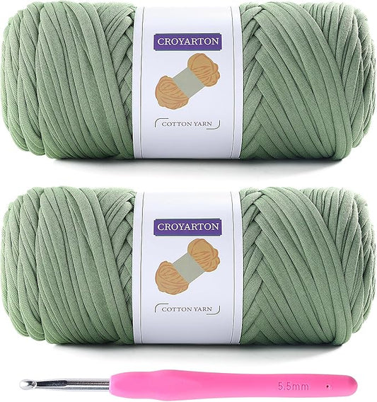 2 Pack T Shirt Yarn for Crocheting with 1 Crochet Hook, Elastic Tshirt Yarn for Crochet Bag/Baskets/Home Decor, Spaghetti Yarn Thick Knitting Yarn Total Length 130 Yds, Weight 14 Oz (Avocado Green)