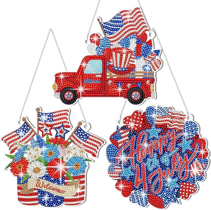 Yousoontic 3 Pcs 4th of July Diamond Art Kit 5d Patriotic Hanging Sign Memorial Day Diamond Painting Acrylic American Flag Ornament Independence 250th Anniversary Welcome Sign for Home Wall Door