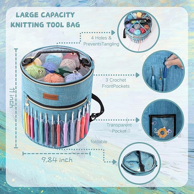 yarniss crochet kits for beginners,1120 yards yarn kits 16 colors,crochet set with 14 size ergonomic crochet hooks 2.0mm~10.0mm,crochet bag organizer,slate blue