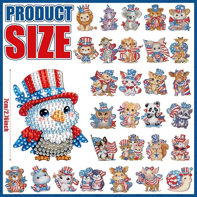 Xuhal 30 Pcs 4th of July Diamond Painting Magnets Patriotic Diamond Art Magnet Kits for Adults Memorial Day Red White Blue Animal 5D Rhinestone Refrigerator Magnetic Sticker for Fridge DIY Craft Gifts