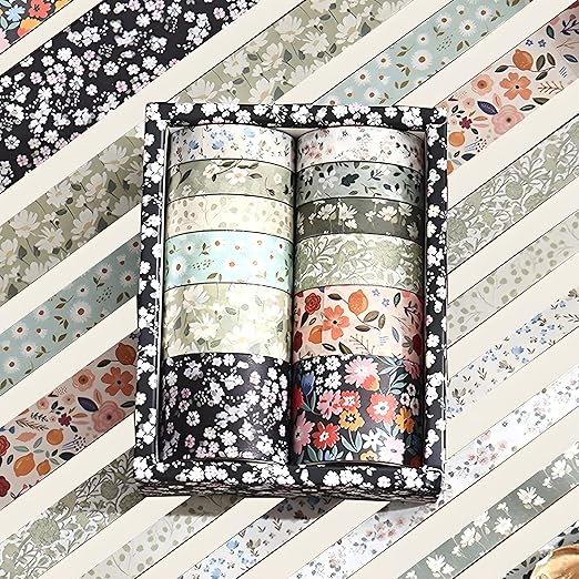 12 Rolls Floral Washi Tape Set - 0.4/0.6/0.8/1.2in Numerous Flowers Design Decorative Tapes for Journaling Scrapbooking Writable Vintage Scrapbook Supplies Letter Gift Craft Tape (Colorful1)