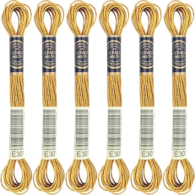 6 Skeins Embroidery Thread, Metallic Bronze Embroidery Floss Friendship Bracelet String, Polyester Cross-Stitch Threads for Hand Embroidery, String Art