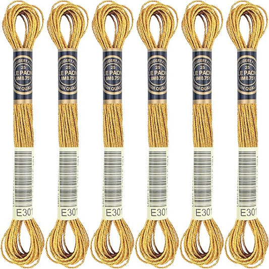 6 Skeins Embroidery Thread, Metallic Bronze Embroidery Floss Friendship Bracelet String, Polyester Cross-Stitch Threads for Hand Embroidery, String Art