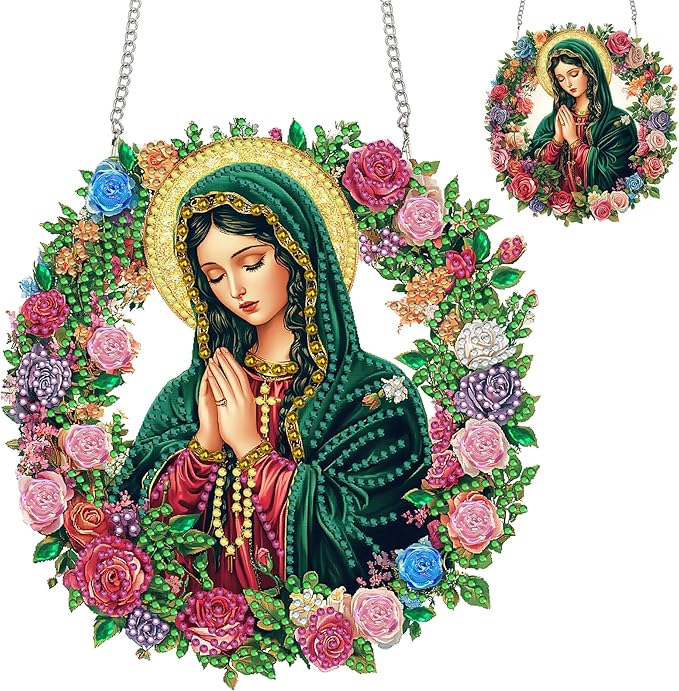 Zariocy Hanging Diamond Art Ornament Virgin Mary Kits for Adults – Special Crystal Double Sided Pendant, DIY God Diamond Painting Acrylic Board Window Pendants Home Wall Hanging Decor 8x8 inch