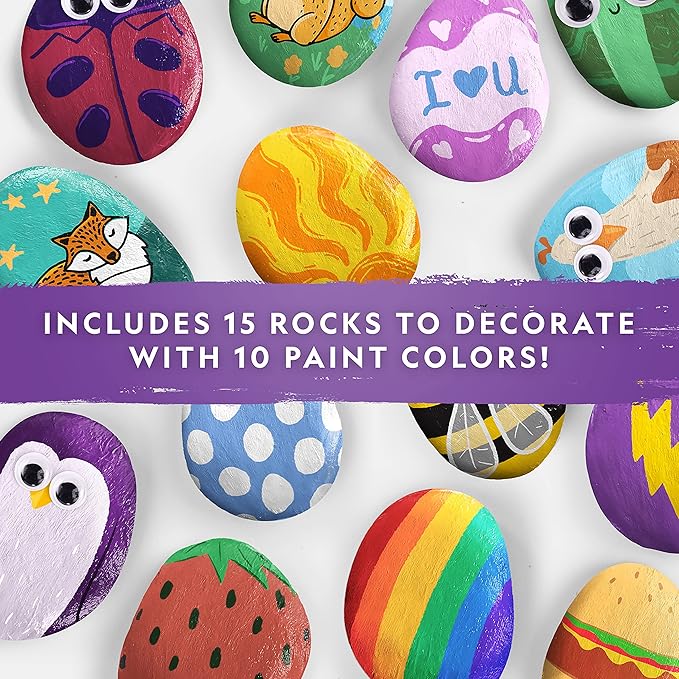 NATIONAL GEOGRAPHIC Rock Painting Kit - Arts and Crafts Kit for Kids, Paint & Decorate 15 River Rocks with 10 Paint Colors & More Art Supplies, Outdoor Toys for Girls and Boys, Easter Basket Stuffers