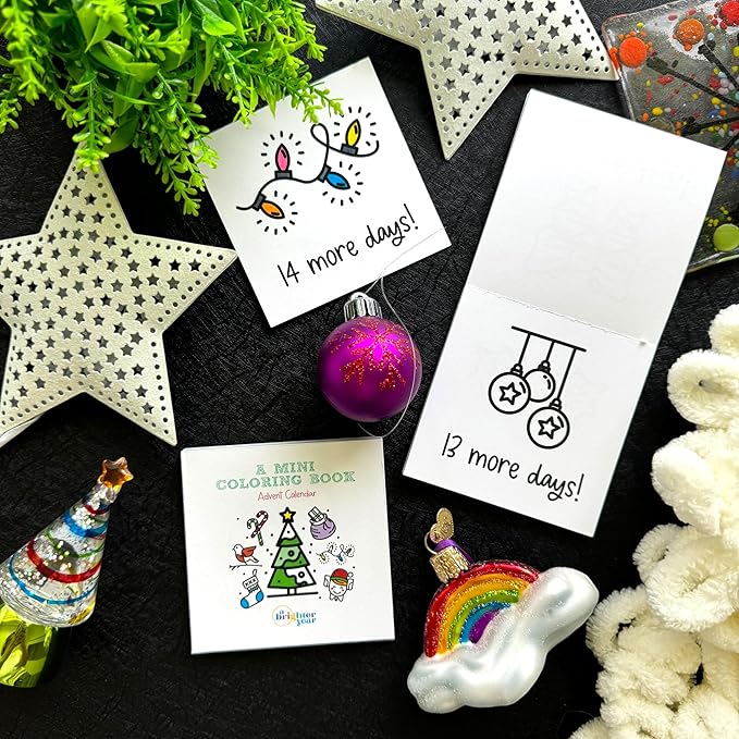 A Brighter Year The Original Adult Mini Coloring Book - Advent Calendar Edition w/Wooden Display Block & Colored Pencils - 3” x 3” Pocket Size, 24 Pages, Lay Flat Binding, Thick Paper - Gift & Travel