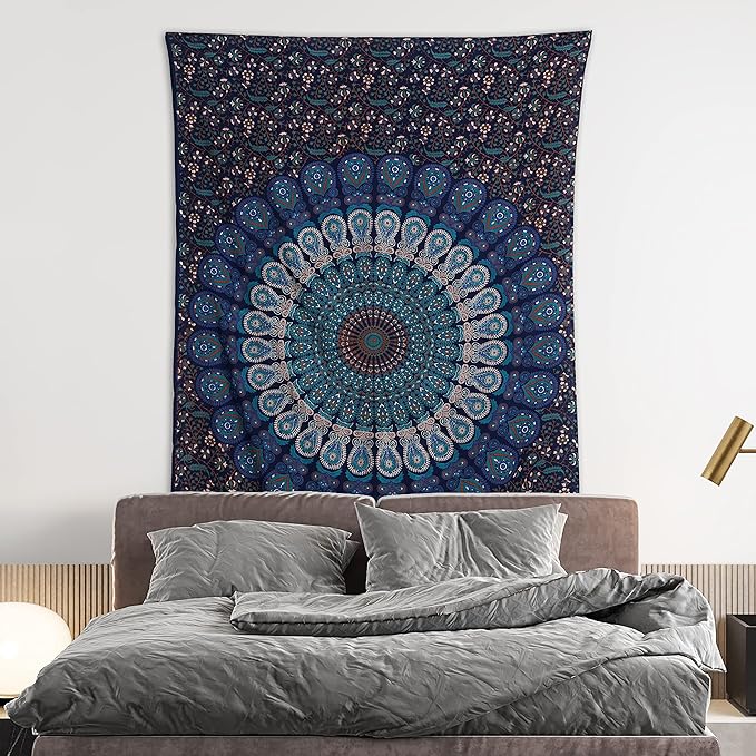 bless international handmade indian hippie bohemian psychedelic peacock mandala wall hanging college dorm beach throws table cloth bedding tapestry (blue green, medium(54x60inches)(137x152cms))