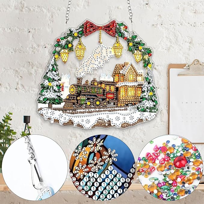 Yomiie Train House Sun Catcher Window Hanging - DIY Double Sided Diamond Painting Pendant Kit, Acrylic Diamonds Art Ornament for Front Door Sign & Indoor/Outdoor Garden Christmas Decor(8x8 inch)
