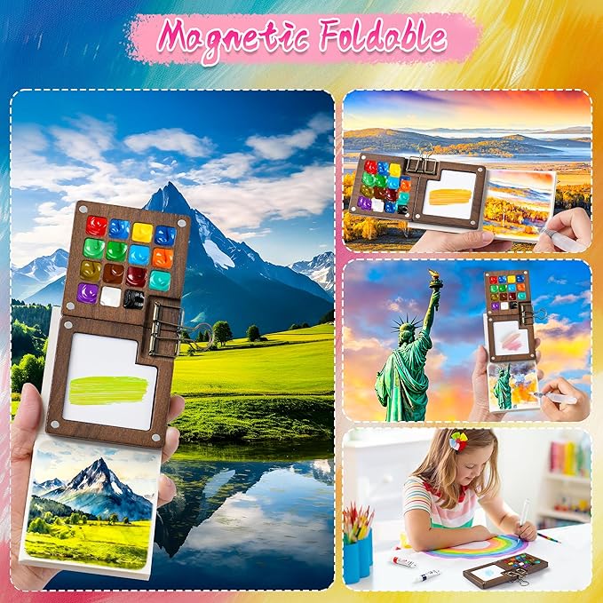 Mini Watercolor Paint Set, 24 Colors Portable Pocket Watercolour Travel Kit with 15 Grid Wood Paint Palette, Sketchbook, Metal Clip, Water Brush for Painters Artists Students