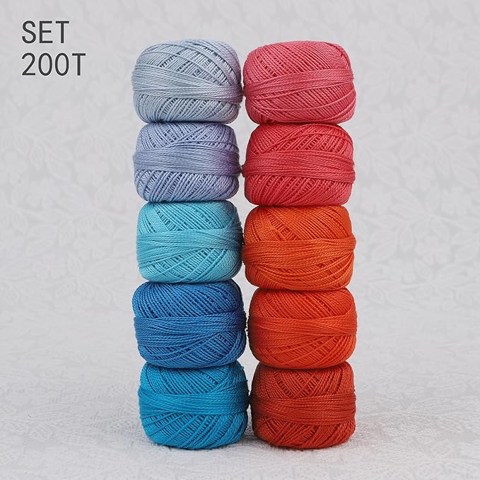 Size 8 Double Mercerized Egyptian Long Staple Cotton Pearl Thread Ball 5 Grams Rainbow Color Embroidery Thread 10 Colors per Box for Crochet Hardanger Cross Stitch Hand Embroidery (Set T)