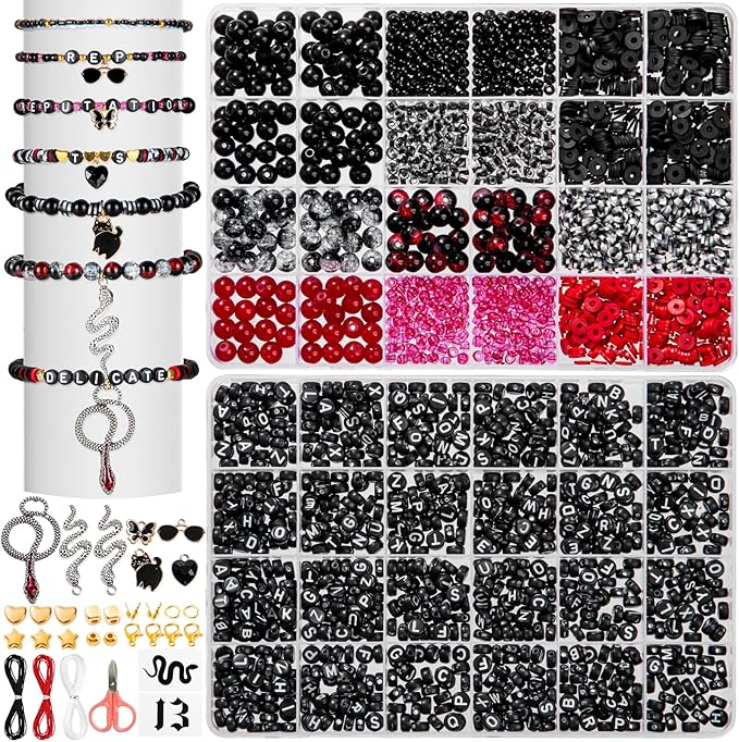 Goldwise REP Era Inspired Adult Jewelry Design Bead Set for Fans – 2 Storage Boxes with Black, White & Red Glass and Clay Beads, Snake & Cat Symbolic Charms