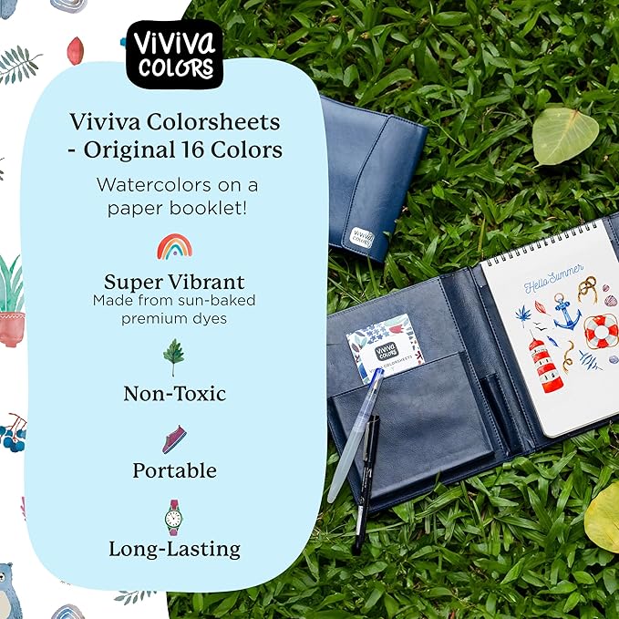 Viviva Colors Watercolor A5 Travel Paint Set - Travel Watercolor Kit with 16 Watercolors, A5 Ivory Sketchpad, Leather Case, Waterbrush, & Black Marker - Fun, Vibrant, No Mess Portable Travel Art Kit for Adults & Kids