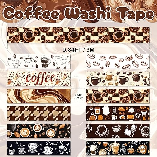 12 Rolls Washi Tape Set, Coffee Themed Decorative Tape Vintage Watercolor Brown Cafe Caffeine Masking Tape for Journaling Supplies,Junk Journal, Scrapbooking,Planner,DIY Arts & Crafts Supplies