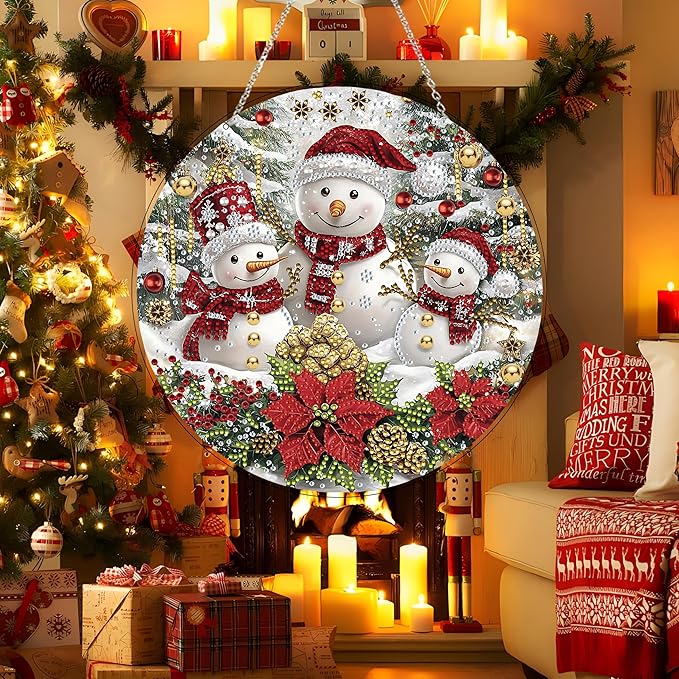 DIY Diamond Art Painting Wreath Kits，Special Shaped Rhinestone Hanging Ornament Diamond Art Window Pendants for Gift Home Garden Wall Hanging Kits,Double Sided (Christmas Snowman)