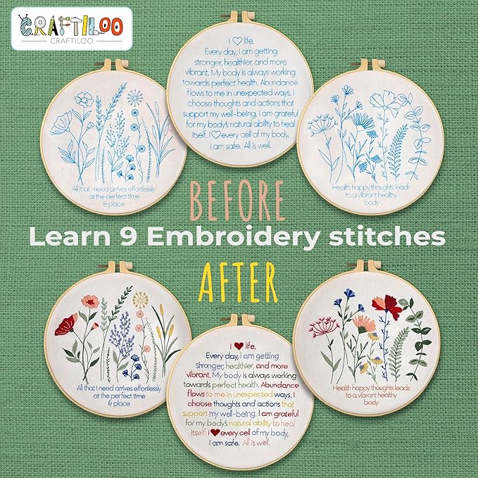 CRAFTILOO Embroidery Kits for Adults Hand Embroidery kit for Beginners with Stamped Embroidery Patterns Starter Embroidery Kit. Needlepoint kit Cross Stitch kit for Teens& Adults Flowers