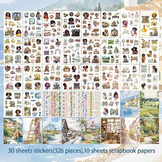 326Pcs Black Girl Themed Planner Stickers Book, People Stickers for Junk Journal Kit, 40 Sheet Scrapbook Supplies with Washi Tape for Planners, Bullet Journal ,Mixed Media Art