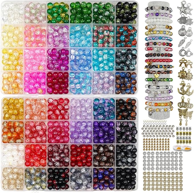Hanyoung 8mm Glass Beads for Bracelet Making kit,48 Colors 1450 pcs Crackle Glass Beads for Jewelry Making, Crystal Round Bracelet kit for DIY Craft Gifts (Crackle Color)