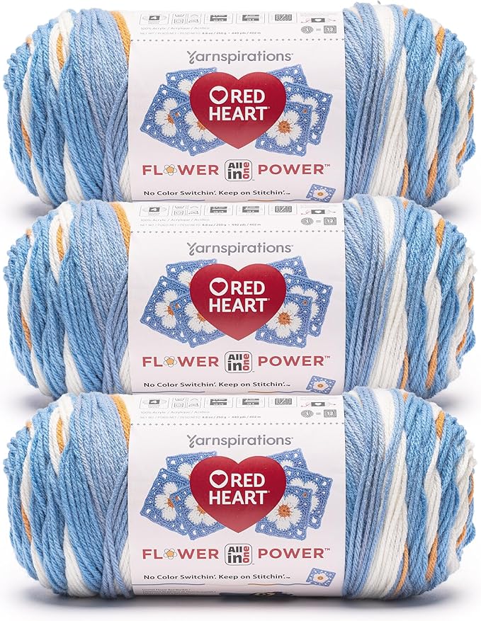 Red Heart All in One Flower Power Jasmine Joy Yarn - 3 Pack of 250 g / 8.8 oz - 100% Acrylic - #4 Worsted (Medium) - 440 Yards - Knitting/Crochet