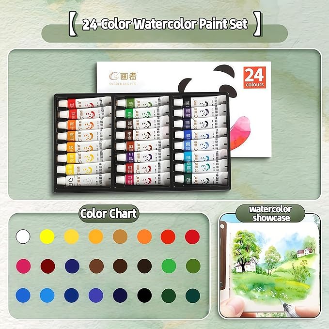 Mini Watercolor Travel Paint Set, Acrylic Painting Palette and Wooden Paint Box(15 Grids), 2 Sketchbooks, 2 Brush Pens and 24 Color Paints. Perfect for Artists, Students and Painters on The Go