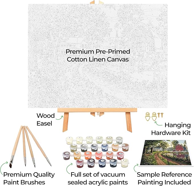 Ledgebay DIY Paint by Numbers Kit for Adults Framed Canvas Beginner to Advanced Paint by Numbers Kit Kits Include Acrylic Paint Set Brushes Tabletop Easel (The Road Home 12" x 16" Framed)