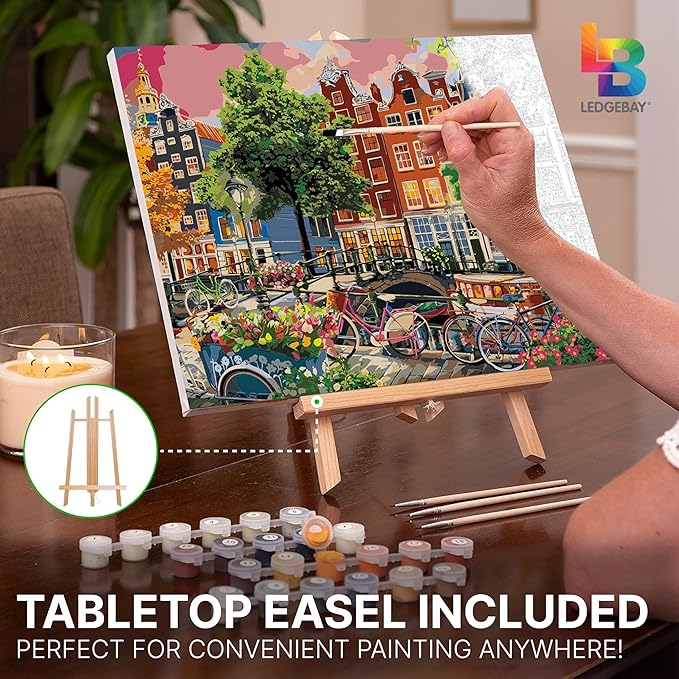 Ledgebay DIY Paint by Numbers Kit for Adults Framed Canvas Beginner to Advanced Paint by Numbers Kit Kits Include Acrylic Paint set Brushes&Tabletop Easel(Beautiful Sunset in Amsterdam 12"x16" Framed)