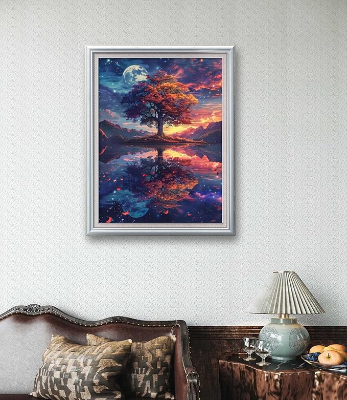 leczany cross stitch stamped kits for adults beginners patterns craft kit needlepoint full range of diy embroidery kits starter 11ct 3 strands | lake light tree 15.8×20.9 inches