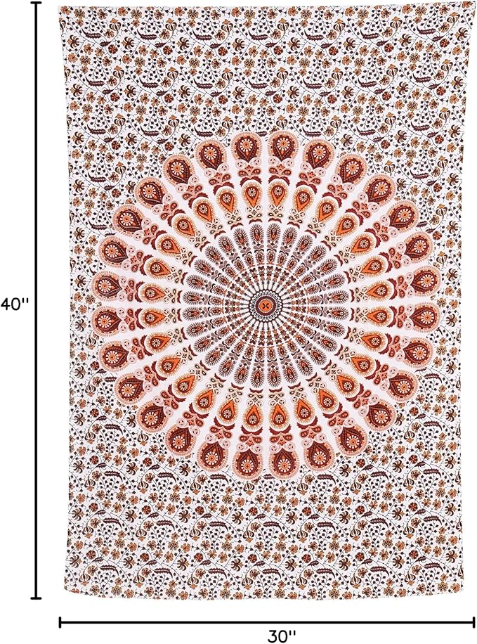 bless international handmade indian hippie bohemian psychedelic peacock mandala wall hanging college dorm beach throws table cloth bedding tapestry (orange brown, poster(30x40inches)(76x101cms))