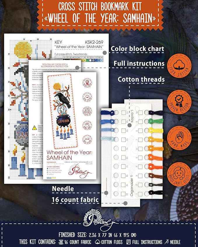 Povitrulya Cross Stitch Bookmark Kit Wheel of the Year: Samhain – Counted DIY Embroidery Set for Adults & Beginners, Witchy Pagan Wiccan Celtic Norse Needlework Gift