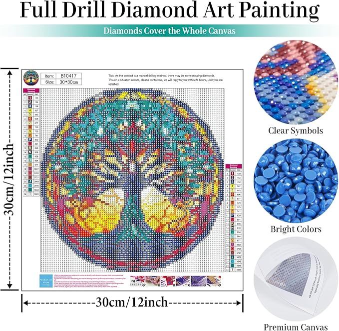 Fountor Tree of Life Diamond Art Kits for Adults - Stained Glass Diamond Painting Kits for Adults Beginners, DIY 5D Tree of Life Round Diamond Gem Art Kits for Gift Home Wall Decor 12x12inch