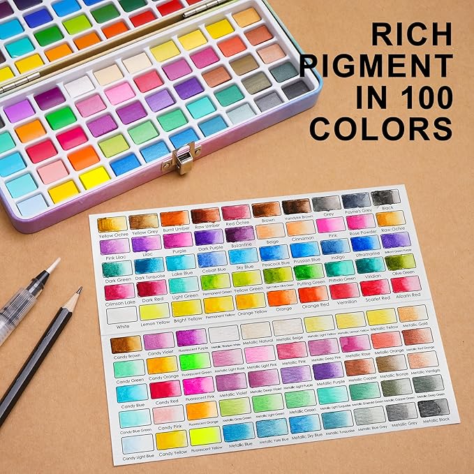 100 Colors Watercolor Paint Set - Vibrant Pigments in Portable Metal Case with 3 Water Brushes, Non-Toxic Travel-Friendly Painting Kit for Professional Artists/Students/Beginners