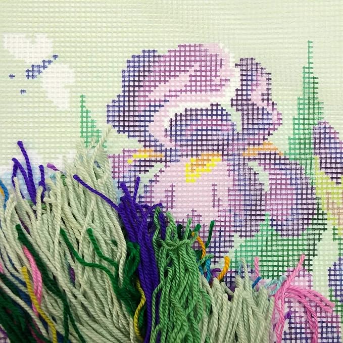Floral Embroidery Kit for Adults and Beginners — Blue Irises 16″ × 16″ with Clear, Precise Printed Design on Cotton Canvas; Includes 2 Needles, Yarn, and Easy-Read Chart