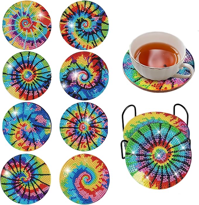 8 pcs Diamond Painting Coasters | Diamond Art Coasters | Tie Dye Diamond Art Painting | Perfect Art Craft Gift for Tie Dye Lover, Dad, Mom, Grandparents, Brother, Sister.