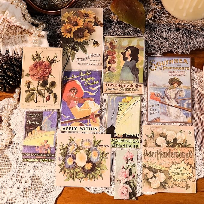 CATaireen Vintage Junk-Journal Mixed Paper Scrapbooking Embellishments Set Retro Journaling Decoupage Stickers Textured Packaging Decorative Cards Tags Kit (Poster B)