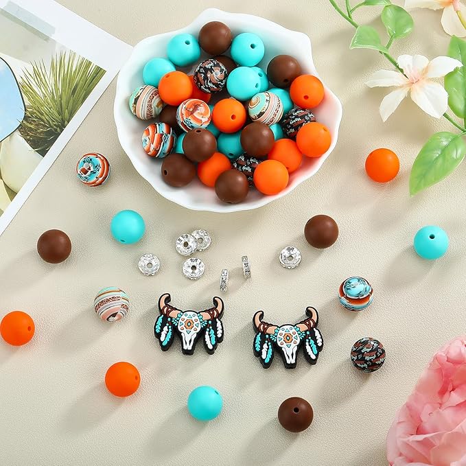 45 Pcs 15mm Silicone Beads Animal Focal Beads for Pens Printed Silicone Bead Bulk for Keychain Bracelets Making and Other Handmade Crafts(Bull Head)