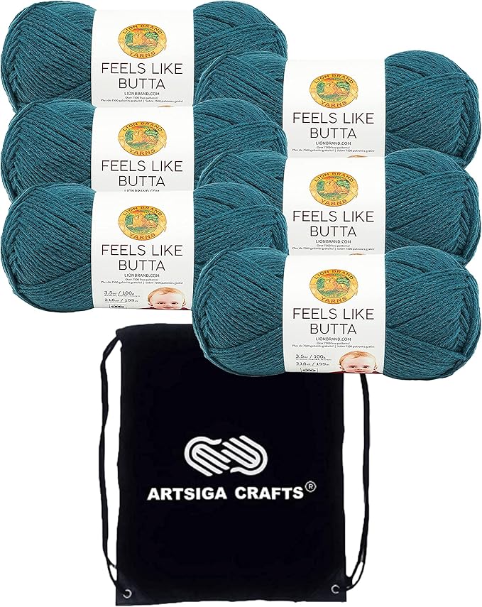 Lion Brand Feels Like Butta Teal 215-178 (6-Skeins - Same Dye Lot) Worsted Medium #4 Polyester Yarn for Crocheting and Knitting with Project Bag