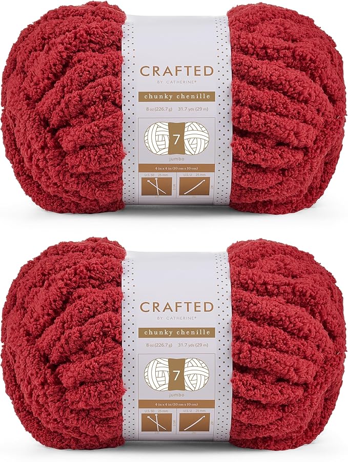 Crafted By Catherine Chunky Chenille Yarn - 2 Pack (8 oz / 227 g, 31.7 Yards Each Skein), Dark Red, Gauge 7 Jumbo