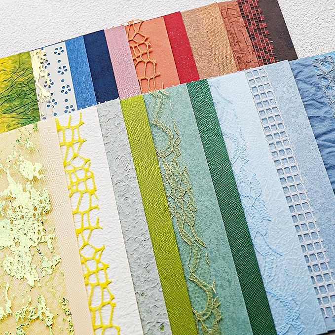 30 sheets Christmas Handmade Textured Scrapbook Paper&Mesh Fabric set - Unique Craft Mulberry Special Rice Paper Mix for Scrapbooking Junk Journaling Supplies Card Making Collage,A5 5.8x8.2 Inch