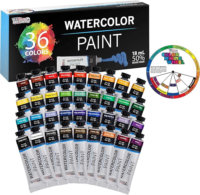 U.S. Art Supply 36-Color Water Colors Paint Set, 12ml Professional Watercolor Tubes, Vibrant Pigments - Water Colors Paint Adult Set for Artists