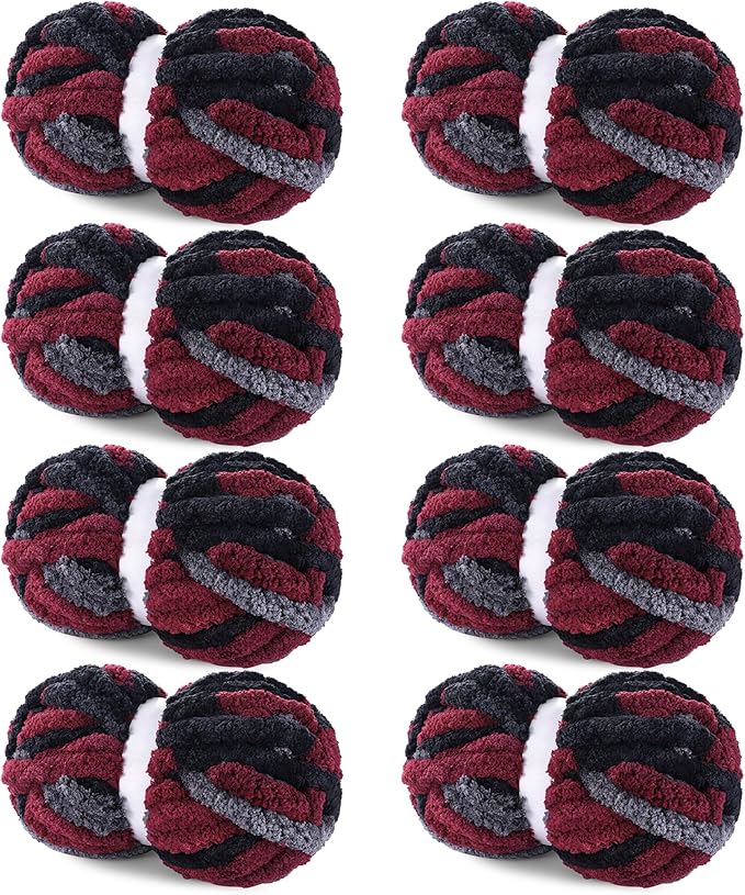 HOMBYS Chunky Tie Dye Mix Chenille Yarn for Hand Knitting, Super Bulky Jumbo Yarn for Crocheting, 3/4" Thick Soft Plush Yarn for Blankets, 8 Skein Pack (26 yds / 7.5 oz Each) Wine Red Black Grey