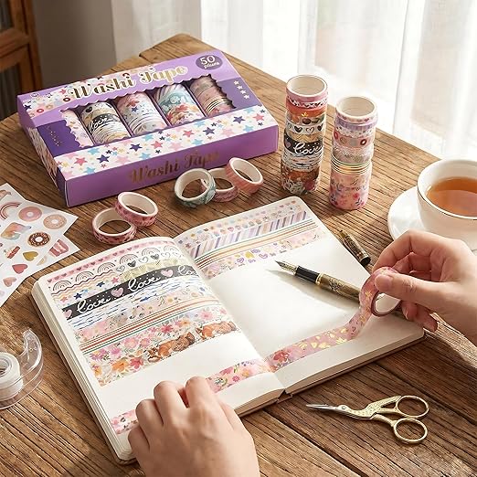 50 Rolls Washi Tape Set, Assorted Sizes, for Junk Journal Scrapbook, Bullet Journaling Scrapbooking Supplies, Planner Sticker DIY Craft Decor (Whimsical Doodles)