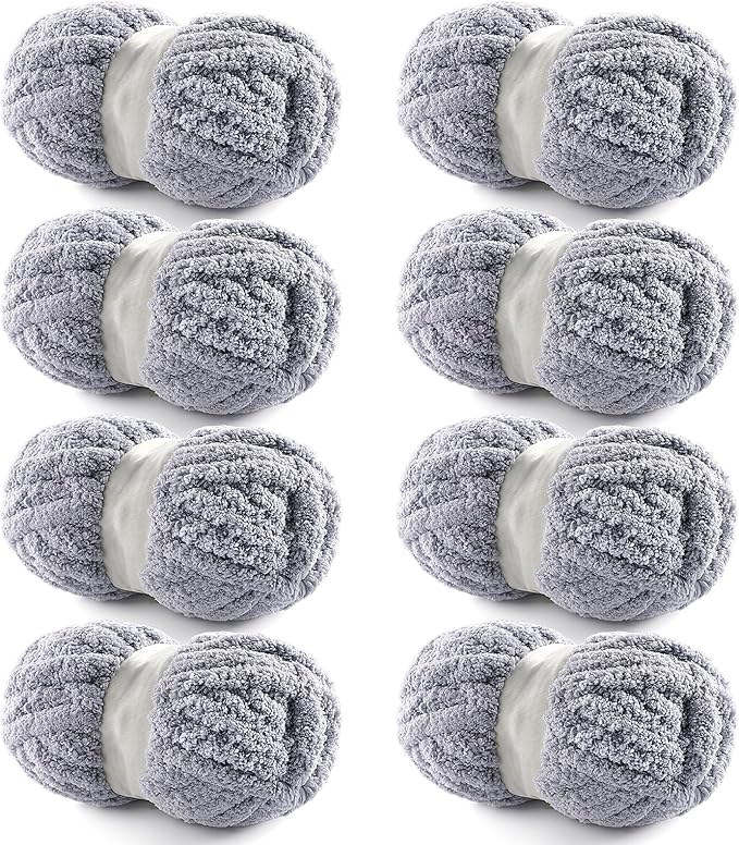 8 Pack Chunky Yarn for Hand Knitting - Chunky Chenille Blanket Yarn for Crocheting - Jumbo Fluffy Yarn for Crochet - Super Bulky Yarn25 yds 7.7 oz Each Skein (Light Gray)